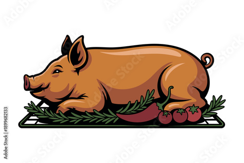 A cartoon pig on a roasting pan with herbs and tomatoes
