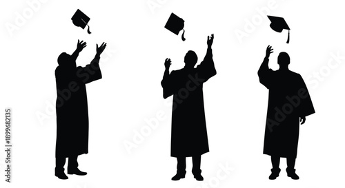 Graduation celebration with three figures throwing hats a dark silhouette