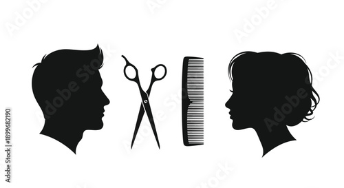 Haircutting tools and profile views depicted as a striking silhouette