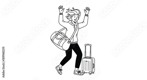 Joyful traveler with luggage a black silhouette
