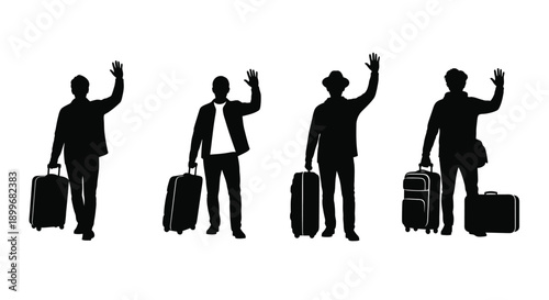 Four figures with luggage waving a striking black silhouette