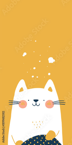 A white cat with rosy cheeks sits happily while holding a colorful ball. Bubbles float above its head. The background is bright yellow.