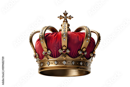 Golden royal crown with red velvet jewels isolated on transparent background luxury monarchy symbol