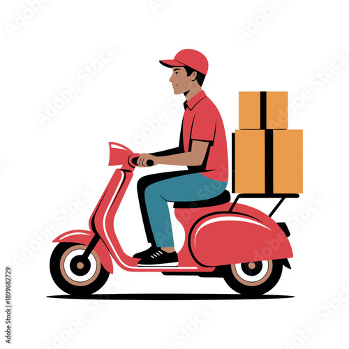 A delivery man riding a red scooter with packages on the back