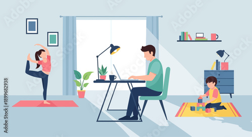 Man Working at Desk with Family Exercising.