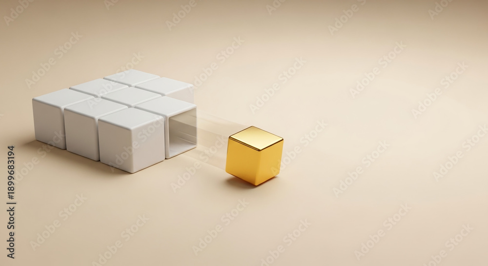 Obraz premium Golden Cube Rolling Away from Group – Minimal Concept for Startup Journey and New Business Beginning