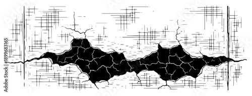 Vintage hand drawn woodcut illustration of a cracked wall with a deep dark hole and grunge texture