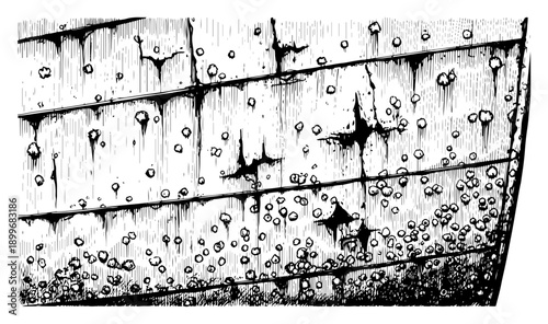 Detailed vintage woodcut engraving of a weathered ship hull with barnacles and organic textures