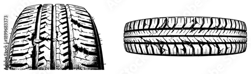 Hand drawn illustration of old worn car tire with detailed rubber tread texture