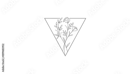 Vector triangular floral logo, minimalist line art illustration of flowers in triangle shape, for branding or logo design, Isolated on transparent background, png