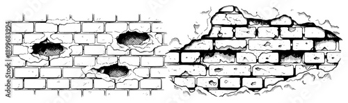 Hand drawn illustration of damaged brick walls with crumbling plaster and holes in vintage sketch style