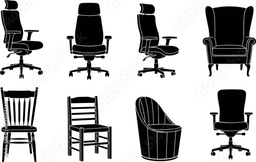 Black silhouette collection of office chairs and home furniture icons set including ergonomic desk seats wingback armchair and wooden dining chairs