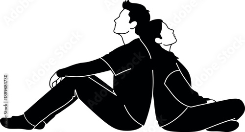 Silhouette Illustration of a Young Romantic Couple Sitting Back to Back Outdoors Looking Up at the Sky in Peaceful Harmony
