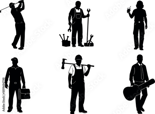 Professional People Silhouettes Collection Featuring Golfer Mechanic Construction Worker Musician Businessman and Casual Person Set for Versatile Creative Graphic Design