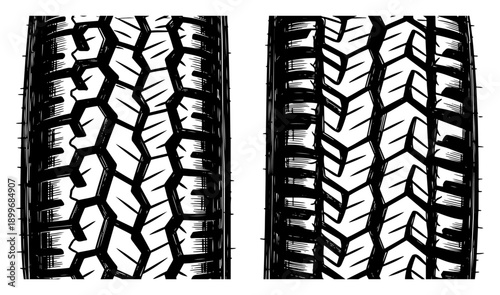 Detailed hand drawn illustration showing two different vehicle tire tread patterns with rubber texture