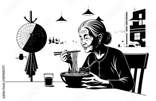 Vintage woodcut style illustration of an elderly woman eating noodles with chopsticks in a cafe