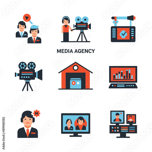 Media Agency Icons Set Representing Communication and Production.
