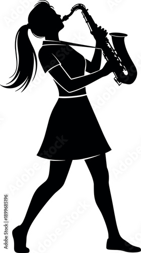 Silhouette of a young woman with a ponytail playing the saxophone while standing and wearing a skirt isolated on white