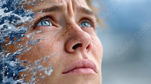 A close-up portrait of a determined woman gazing upward as waves crash beside her, symbolizing resilience and the struggle against life's challenges and forces.