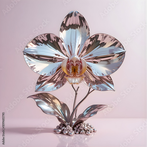 Elegant Metallic Orchid Sculpture with Chrome Petals and Luxury Abstract Design