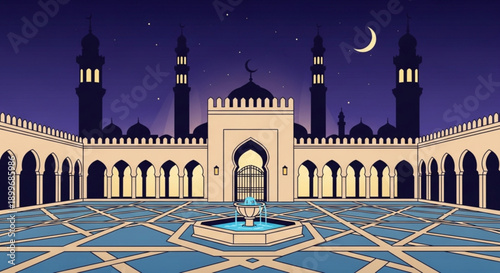 Mosque Courtyard with Fountain at Night under Crescent Moon, Islamic Architecture, Vector Illustration