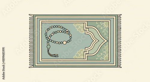 Prayer Beads on Islamic Prayer Rug Illustration, Green Carpet with Decorative Border, Spiritual Meditation Symbol