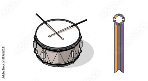 Drum with Mallets and Ribbon Isolated on White Background
