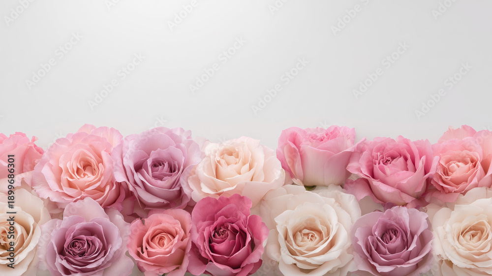 Fototapeta premium A beautiful border of soft pastel roses in shades of pink, lavender, and cream, neatly arranged at the bottom of a clean white background with ample copy space.
