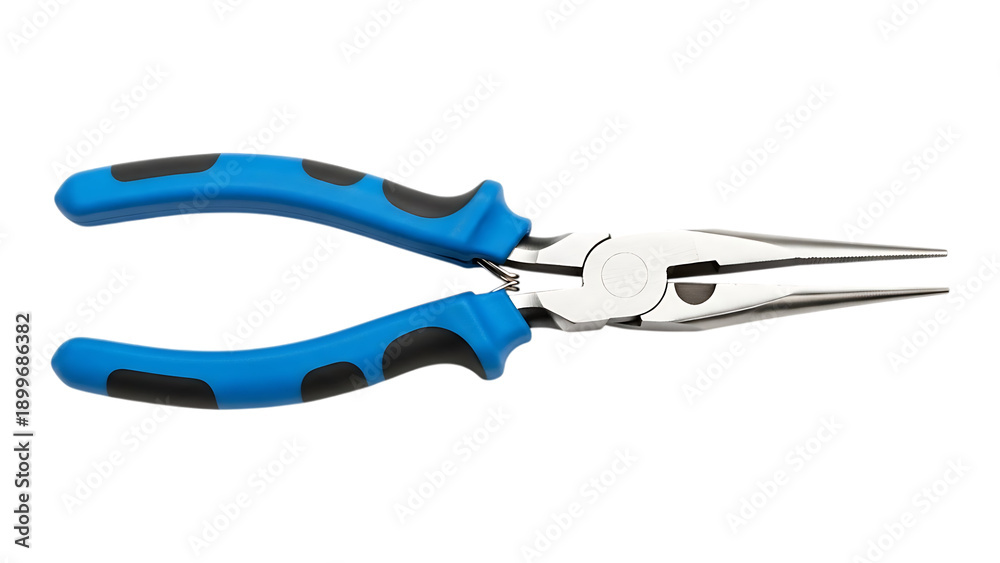 Fototapeta premium Precision pliers with blue ergonomic handles and sharp metal tips for gripping small objects and wire cutting on a white background