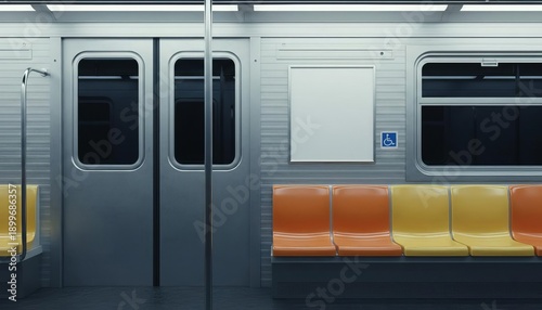 Empty subway train interior mockup with blank billboard advertisement frame and colorful seating for urban public transport branding.