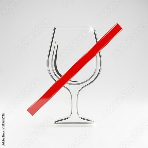 wine glass crossed out, glossy 3D finish, isolated white background
