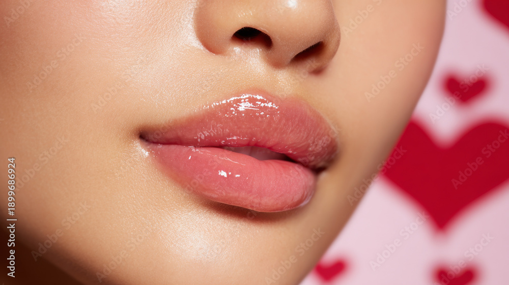 Naklejka premium Glossy pink lips close up with smooth tan skin and soft natural makeup, creating fresh and attractive look