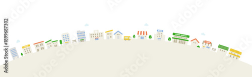 円弧に並ぶ街並みのイラスト素材｜丘の上の家と建物 ベクター素材