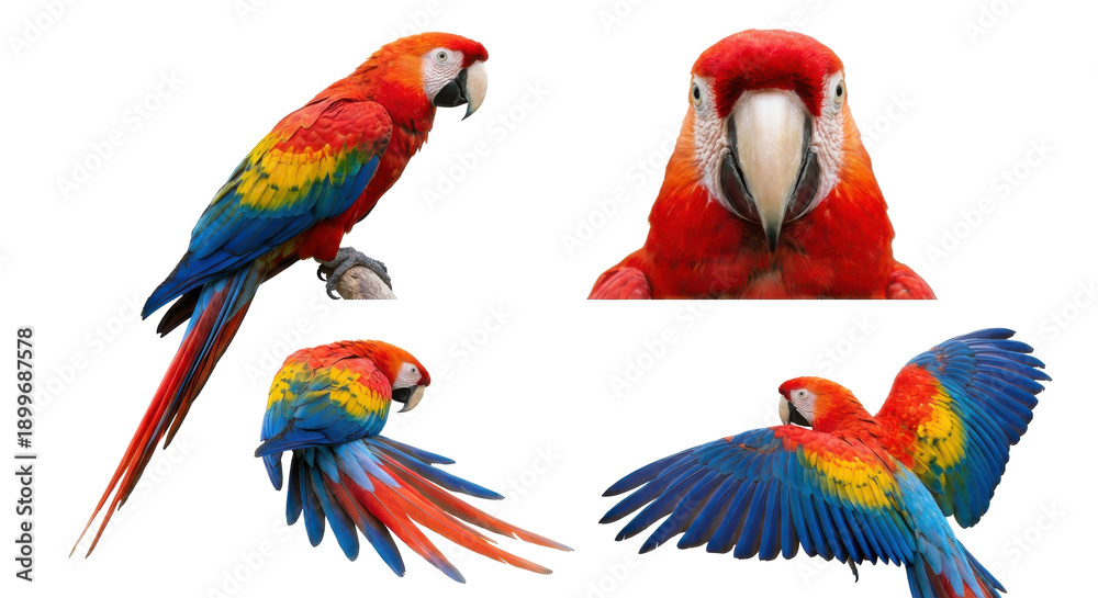 Fototapeta premium Collection of colorful tropical bird angles including side profile close up back view and flight isolated