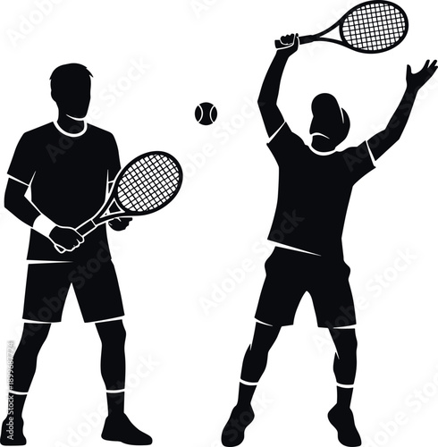 Black and White Silhouette Illustration of Two Male Tennis Players Practicing a Serve and Ready Stance on a Professional Court