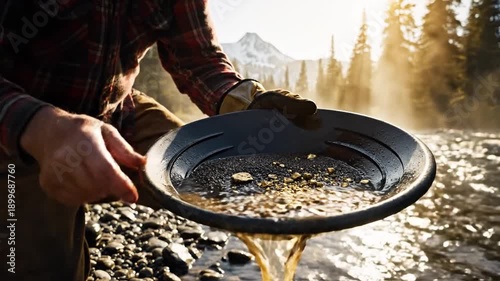 Gold Prospector Panning in a Serene Mountain River at Golden Hour, Discovery of Precious Metal Flakes