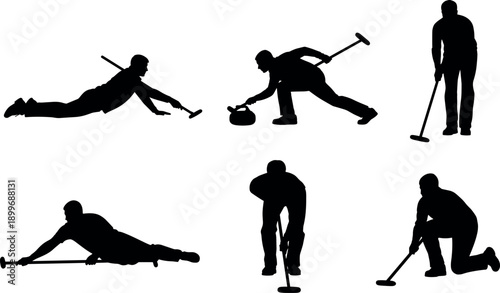 Curling Player Silhouette Collection Featuring Athletes in Various Poses Sweeping with Broom and Delivering Stone on Ice Rink Competition Set