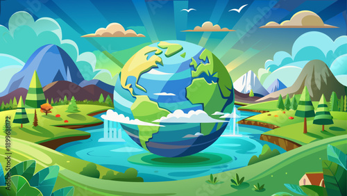 Very beautiful panoramic environmental view symbolizing protection of planet Earth, featuring expansive green landscapes, open skies, and a powerful message of sustainability and ecological responsibi