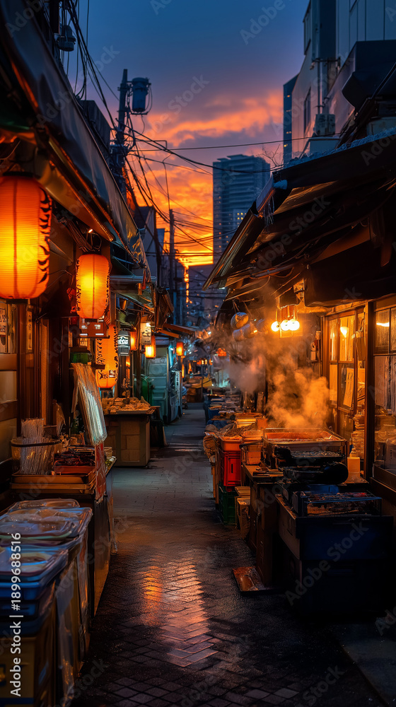 Obraz premium AI generator images of Areas with small restaurants and bars, similar to the drinking districts near train stations, are often filled with the smoke from grilling yakitori and warm glow of red papper