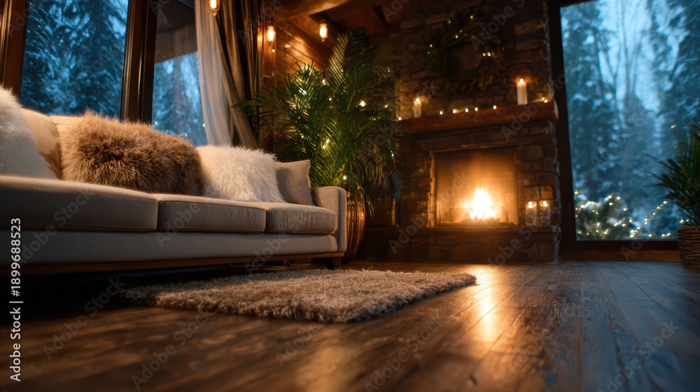 Fototapeta premium A beautifully styled living room at night, with a glowing fireplace, comfortable furnishings, and warm lighting, creating an inviting atmosphere perfect for relaxation and gatherings.
