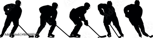Set of five black silhouettes of ice hockey players in various action poses skating and handling pucks on white background
