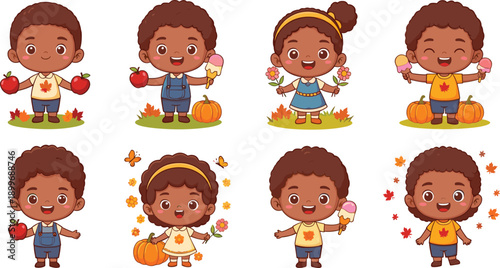 Cute autumn kids cartoon set, smiling children with apples pumpkins flowers and ice cream, fall season illustration, colorful nursery vector design
