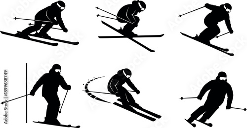 Silhouette Vector Set of Professional Downhill Skiers and Winter Sports Athletes Performing Dynamic Slalom Turns and High Speed Alpine Racing
