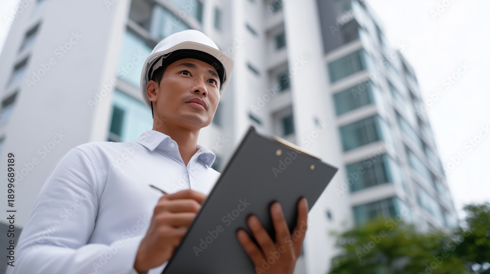 Fototapeta premium Asian man wearing hard hat taking notes on clipboard outdoors 