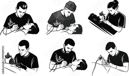 Tattoo artist working silhouettes tattooing client isolated on white background, professional body art studio procedure illustration vector collection