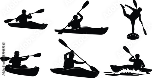 Kayaking silhouettes paddling on water isolated on white background, extreme river canoe sport adventure action illustration vector set