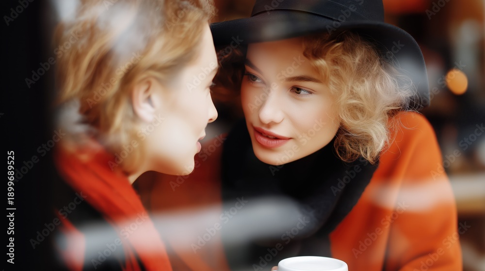Fototapeta premium Two young women chatting and smiling over coffee indoors 