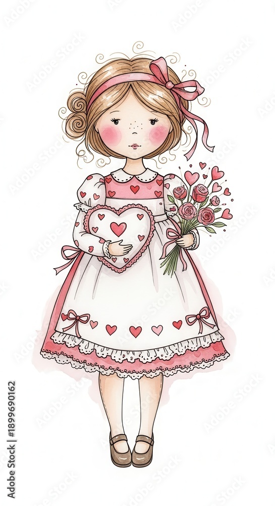 Fototapeta premium Charming Valentines Day Doll with Heart and Flowers Illustration.