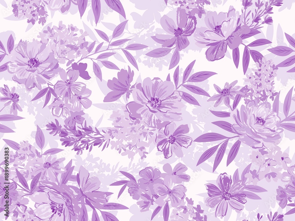 Fototapeta Hand painted pastel style floral seamless pattern with purple peonies and wild flowers for fabric and home decor.

