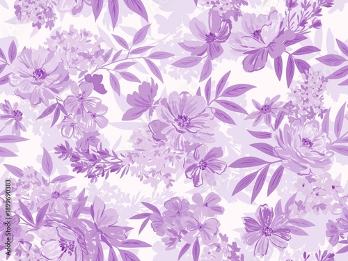 Hand painted pastel style floral seamless pattern with purple peonies and wild flowers for fabric and home decor.

